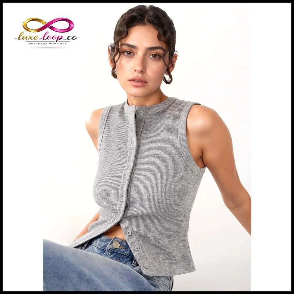 Slim Fit Ribbed Button Down Tank Top Crop Vest Sleeveless Summer - Picture 7 of 7